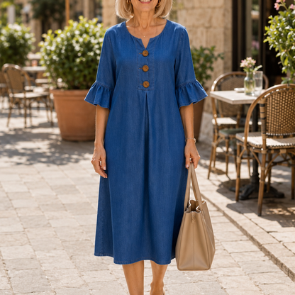 Effortless Linen Midi Dress for Women with Round Neck Bell Sleeve Button Front Relaxed Style