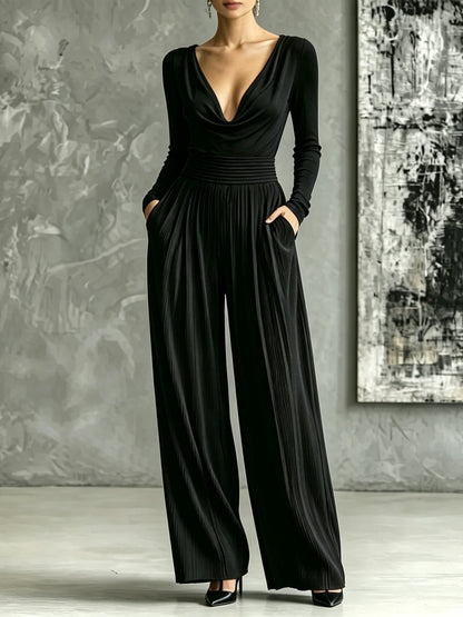 Elegant Black Halter Top Wide Leg Jumpsuit for Women with Cowl Neck Long Sleeve High Waisted Pleated Style