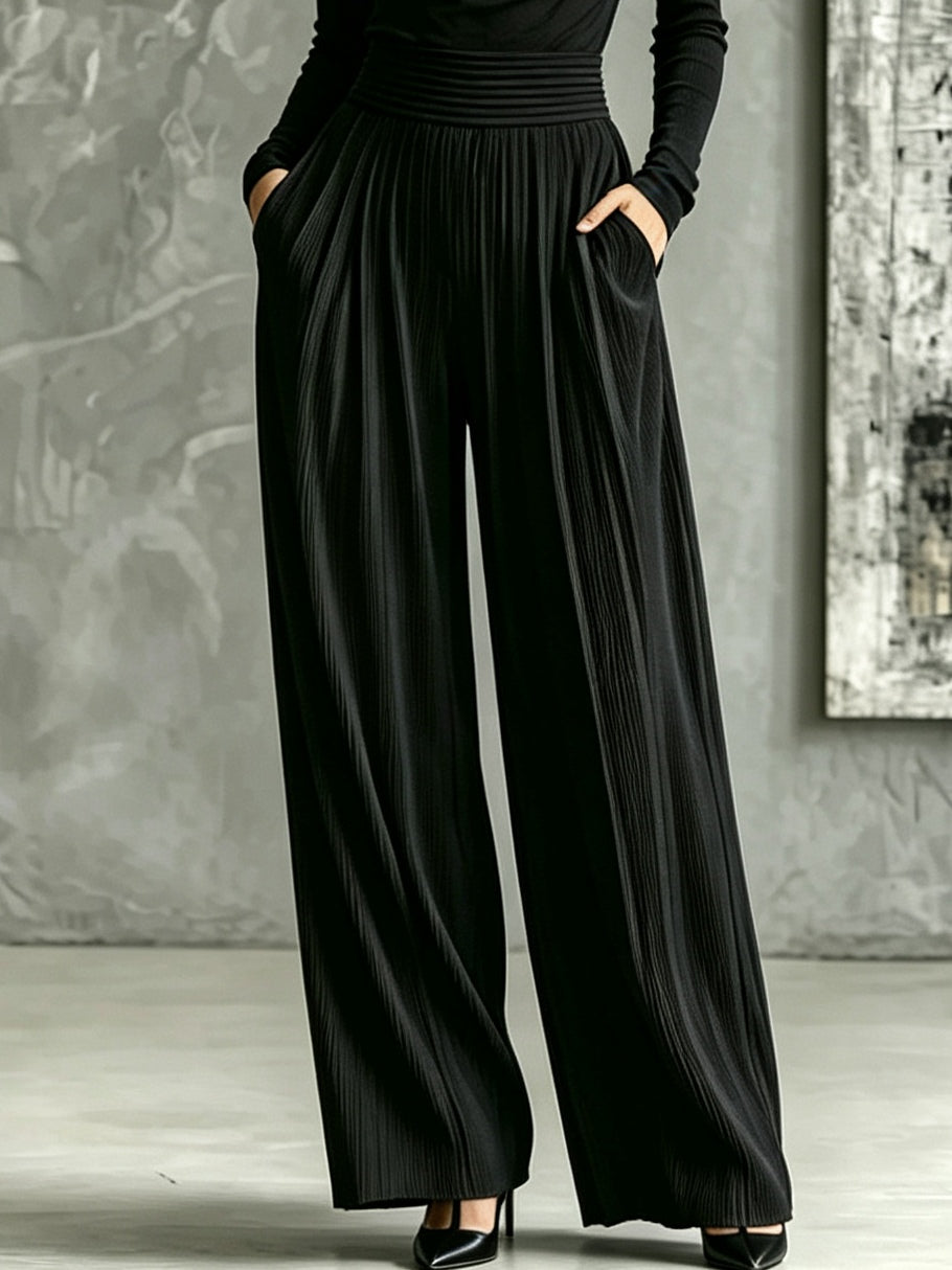 Elegant Black Halter Top Wide Leg Jumpsuit for Women with Cowl Neck Long Sleeve High Waisted Pleated Style