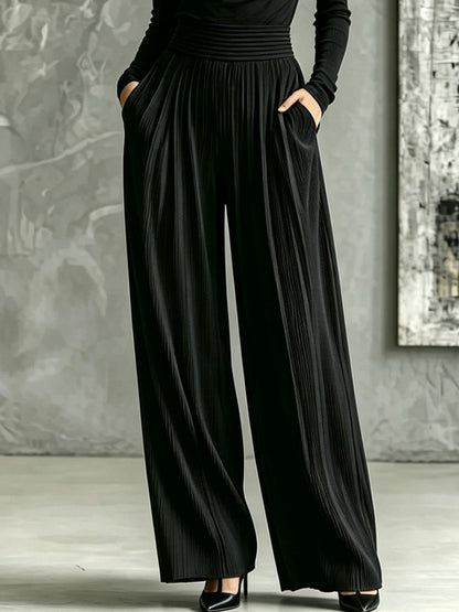 Elegant Black Halter Top Wide Leg Jumpsuit for Women with Cowl Neck Long Sleeve High Waisted Pleated Style
