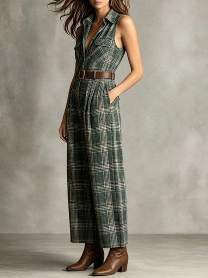 Elegant Green Plaid Jumpsuit for Women with Collared Sleeveless Belted Wide Leg Style