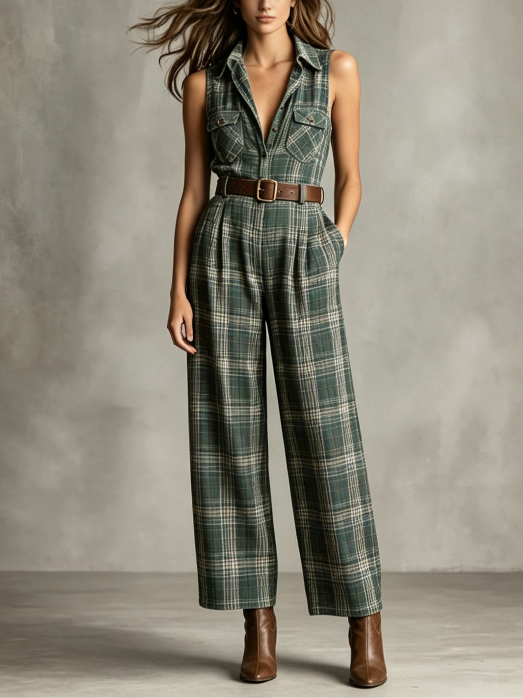 Elegant Green Plaid Jumpsuit for Women with Collared Sleeveless Belted Wide Leg Style