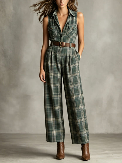 Elegant Green Plaid Jumpsuit for Women with Collared Sleeveless Belted Wide Leg Style