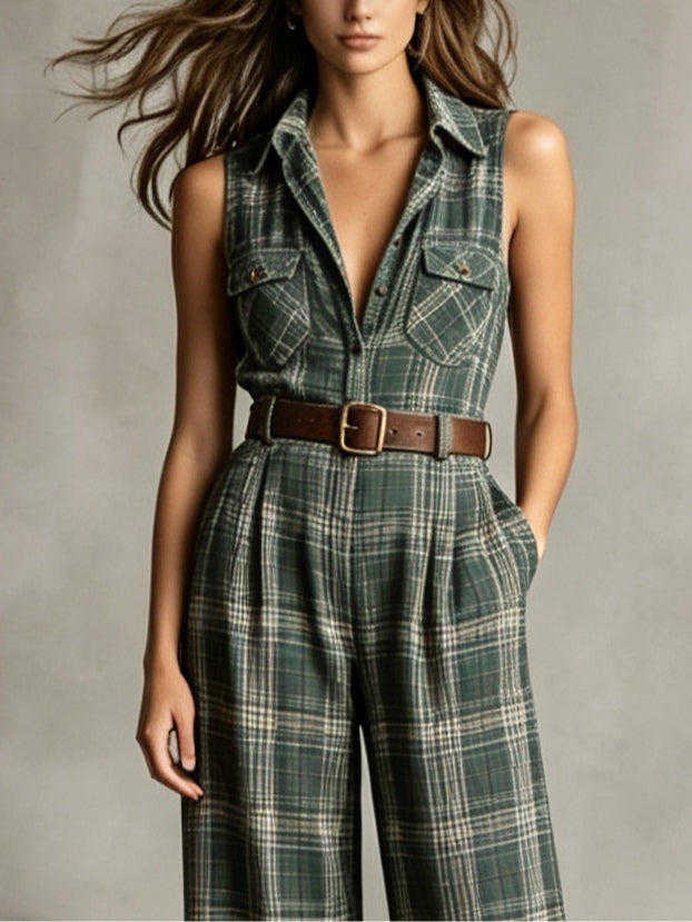 Elegant Green Plaid Jumpsuit for Women with Collared Sleeveless Belted Wide Leg Style