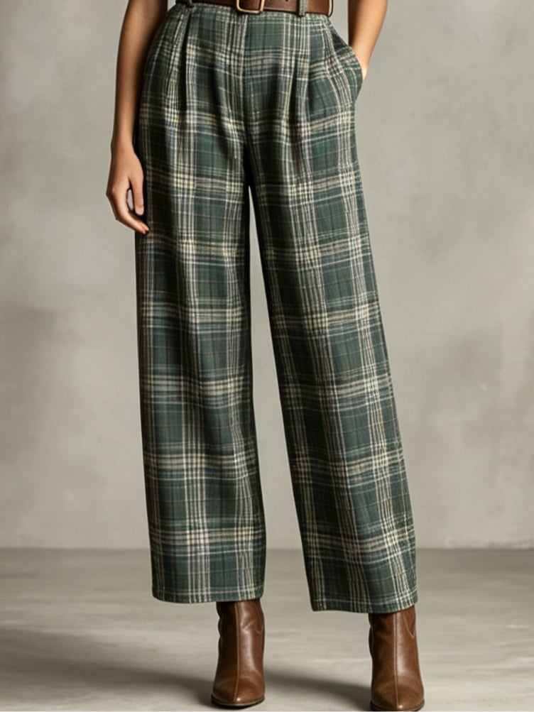Elegant Green Plaid Jumpsuit for Women with Collared Sleeveless Belted Wide Leg Style