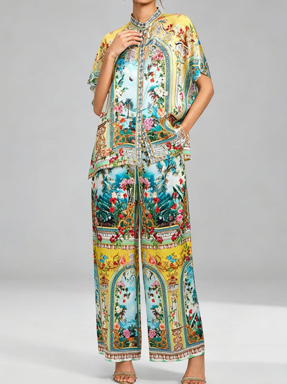 Elegant Yellow Scenic Floral Palazzo Pants Two Piece Set for Women with Short Sleeve Kimono Shirt Wide Leg Flowing Style