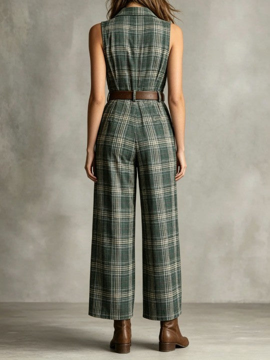 Elegant Green Plaid Jumpsuit for Women with Collared Sleeveless Belted Wide Leg Style