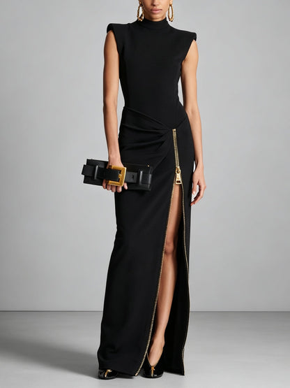Sleek Black Maxi Dress for Women with Mock Neck Sleeveless Front Slit Bodycon Evening Style