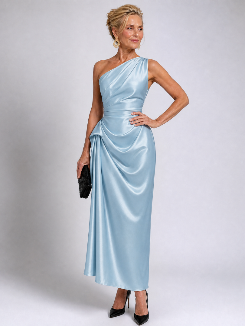 Elegant Satin Midi Dress for Women with One Shoulder Draped Ruched Waist Formal Wedding Guest Style