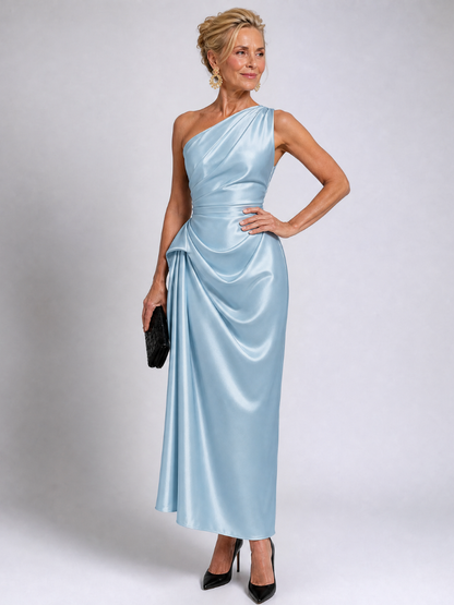 Elegant Satin Midi Dress for Women with One Shoulder Draped Ruched Waist Formal Wedding Guest Style