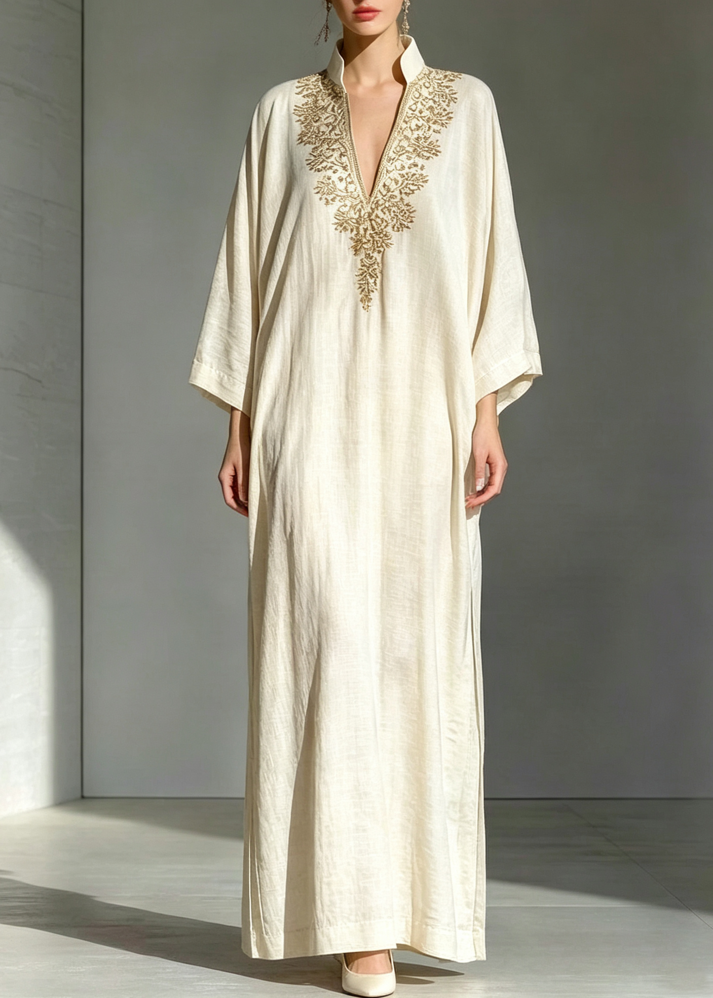 Elegant White Embroidered Kaftan for Women with Stand Collar Long Sleeve Maxi Flowing Style