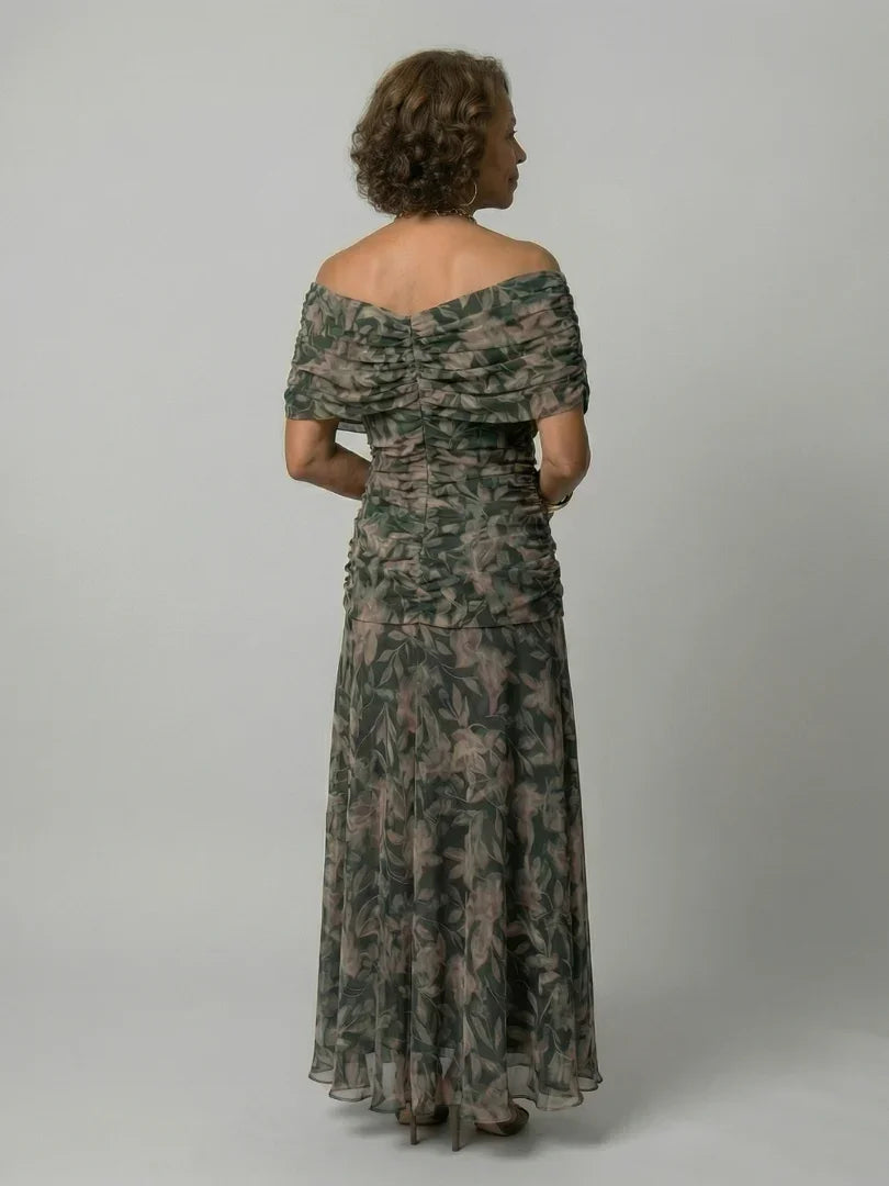 Elegant Midi Dress for Women with Off Shoulder V-Neck Floral Print Ruched Waist Formal Wedding Guest Style