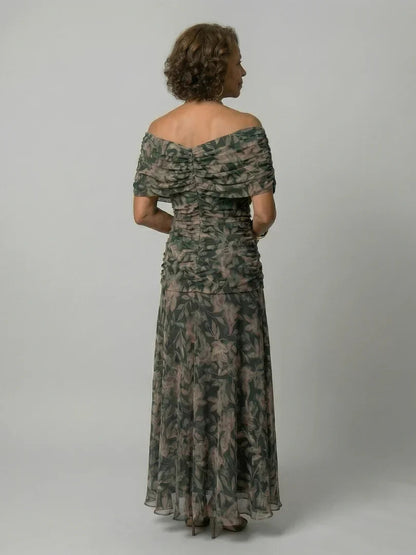 Elegant Midi Dress for Women with Off Shoulder V-Neck Floral Print Ruched Waist Formal Wedding Guest Style