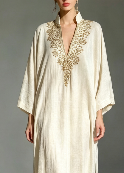 Elegant White Embroidered Kaftan for Women with Stand Collar Long Sleeve Maxi Flowing Style