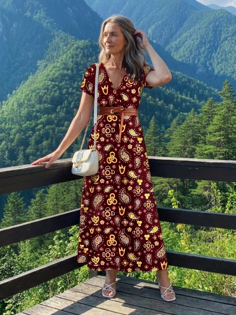 Effortless Floral Mini Dress for Women with V Neck Short Sleeve Belted Flowing Style