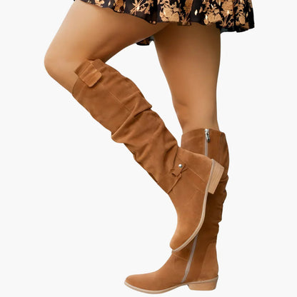 Chic Suede Knee High Boots for Women with Slouchy Shaft Side Zip Buckle Detail Casual Style