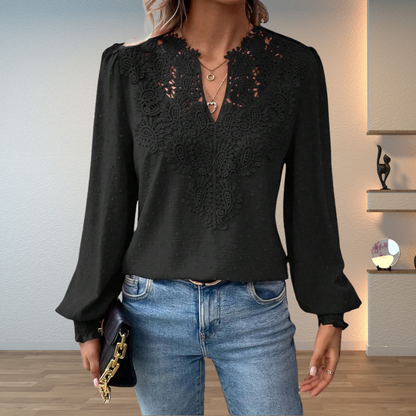Elegant Swiss Dot Lace Blouse for Women with V Neck Bishop Sleeve Crochet Trim Flowing Style