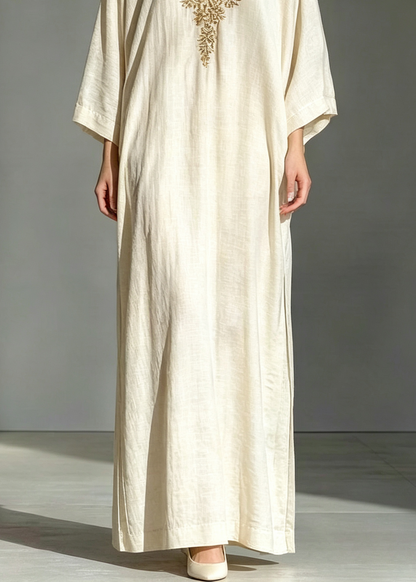 Elegant White Embroidered Kaftan for Women with Stand Collar Long Sleeve Maxi Flowing Style