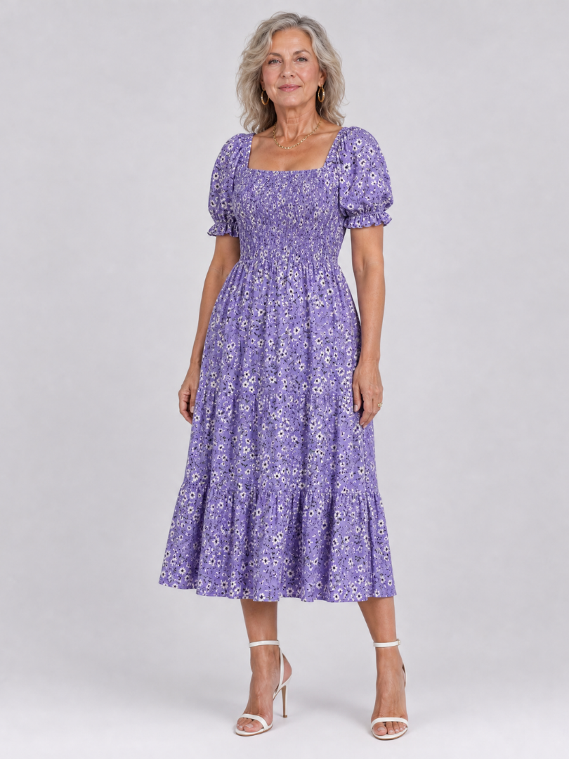 Effortless Floral Midi Dress for Women with Square Neck Puff Sleeve Smocked Bodice A Line Casual Style