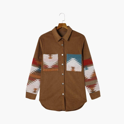 Effortless Brown Corduroy Shacket for Women with Spread Collar Long Sleeve Aztec Panel Oversized Style