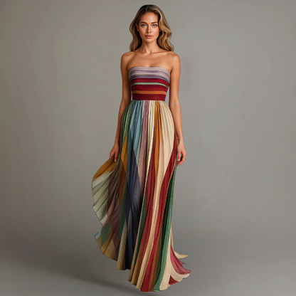 Elegant Multicolor Striped Maxi Dress for Women with Strapless Pleated Skirt Formal Wedding Guest Style