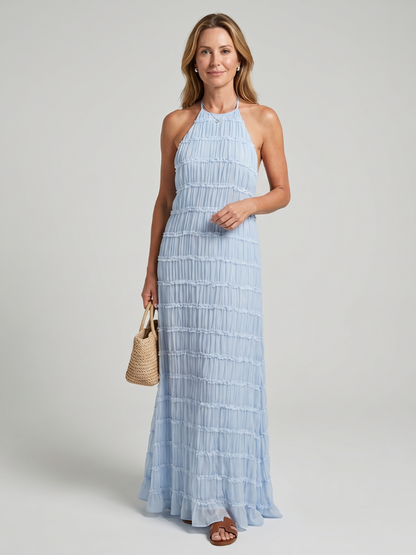 Textured Fringe Elegant Dress for Women with Halter Neck Sleeveless Tiered Maxi Flowing Style