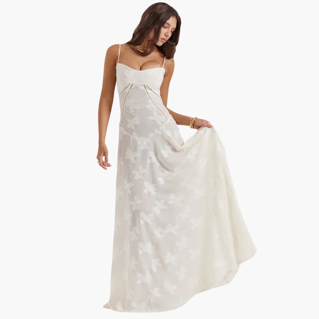 Elegant White Dress for Women with Sweetheart Neckline Spaghetti Strap Butterfly Jacquard Maxi Flowing Style