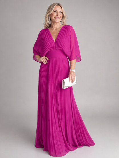 Elegant Purple Dress for Women with V Neck Flutter Sleeve Pleated Flowing Wedding Guest Style