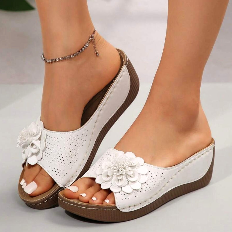 Comfortable Orthopedic Sandals for Women with Flower Detail Perforated Upper Wedge Platform Slip On Casual Style