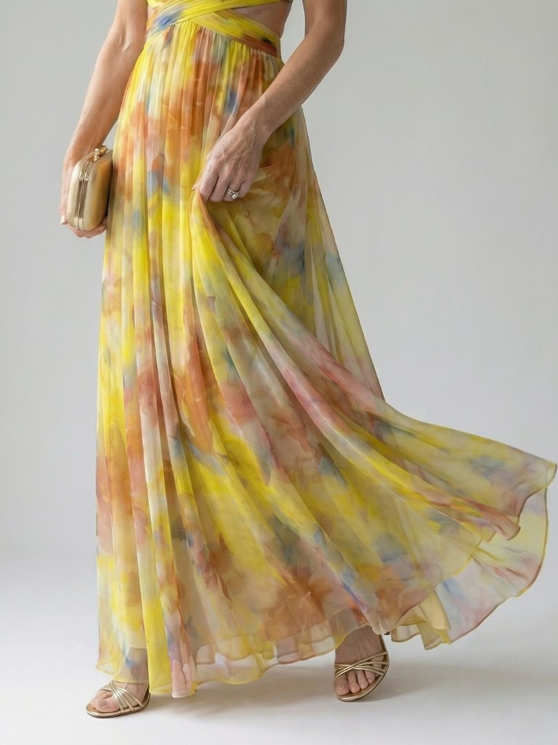 Effortless Watercolor Floral Maxi Dress for Women with V Neck Sleeveless Ruched Flowing Autumn Wedding Guest Style