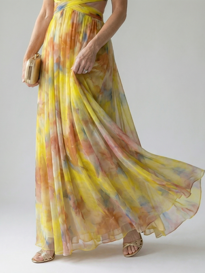 Effortless Watercolor Floral Maxi Dress for Women with V Neck Sleeveless Ruched Flowing Autumn Wedding Guest Style