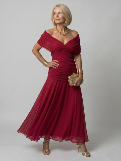 Elegant Purple Dress for Women with V Neck Flutter Sleeve Floral Ruched Maxi Wedding Guest Style