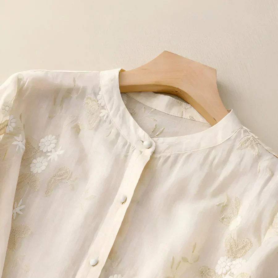 Elegant Floral Embroidered Blouse for Women with Stand Collar Elbow Sleeve Layered Ruffle Hem Style