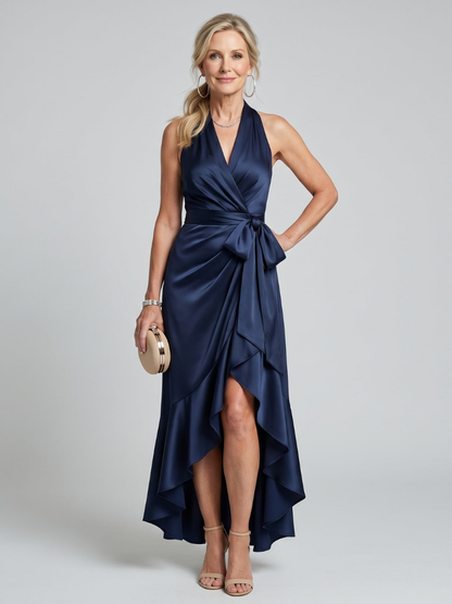 Elegant Champagne Satin Cocktail Dress for Women with Halter Neck Sleeveless Wrap High Low Style