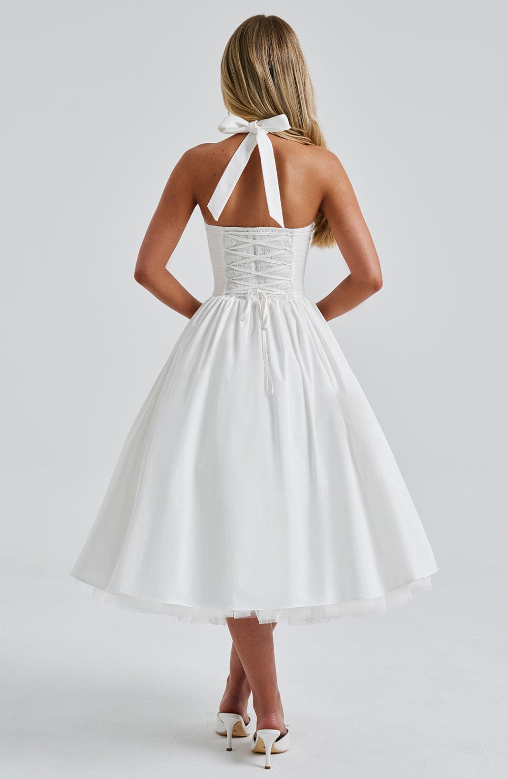 Gabrielle | Elegant White Formal Wedding Guest Dress in A Line Midi Style