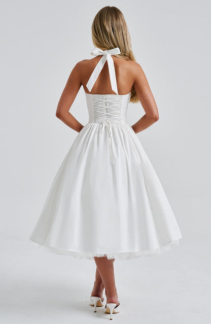 Gabrielle | Elegant White Formal Wedding Guest Dress in A Line Midi Style