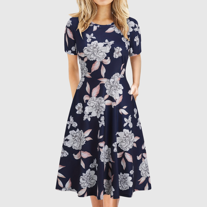 Elegant A Line Dress for Women with Round Neck Short Sleeve Fit and Flare Midi Casual Retro Style