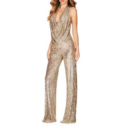 Elegant Sequin Jumpsuit for Women with Halter Cowl Neck Sleeveless Wide Leg Sparkle Formal Party Style