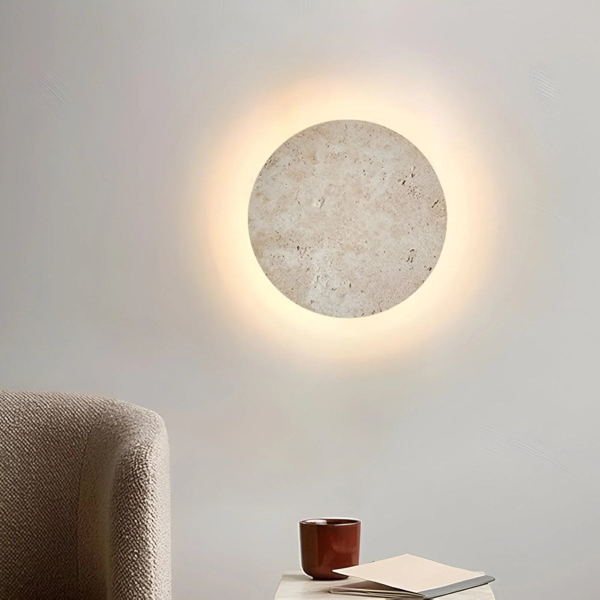 Stone Wall Lamp Round Travertine Backlit LED Minimalist Indoor Sconce Wall Light