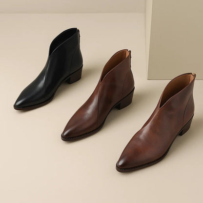 Elegant Leather Ankle Women Boots with Pointed Toe Block Heel Side Zip Style