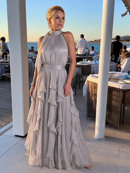Elegant Maxi Dress for Women with Halter Neck Ruffle Tiered Skirt Satin Sleeveless Wedding Guest Style