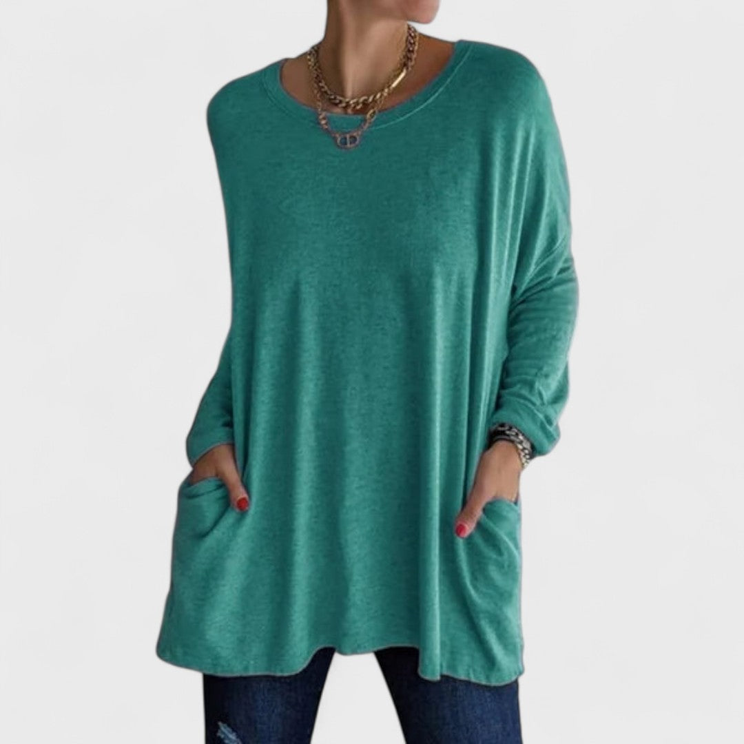 Comfortable Oversized Tunic for Women with Round Neck Long Sleeve Relaxed Pocket Casual Style