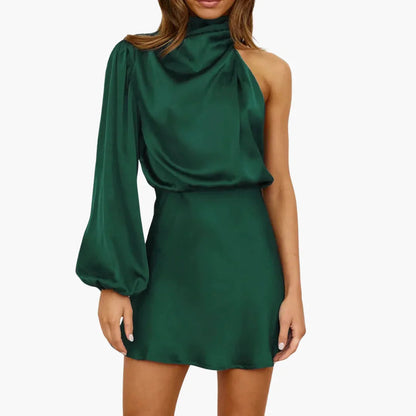 Elegant Satin Halter Mini Dress for Women with High Neck Balloon Sleeve One Shoulder Draped Formal Party Style