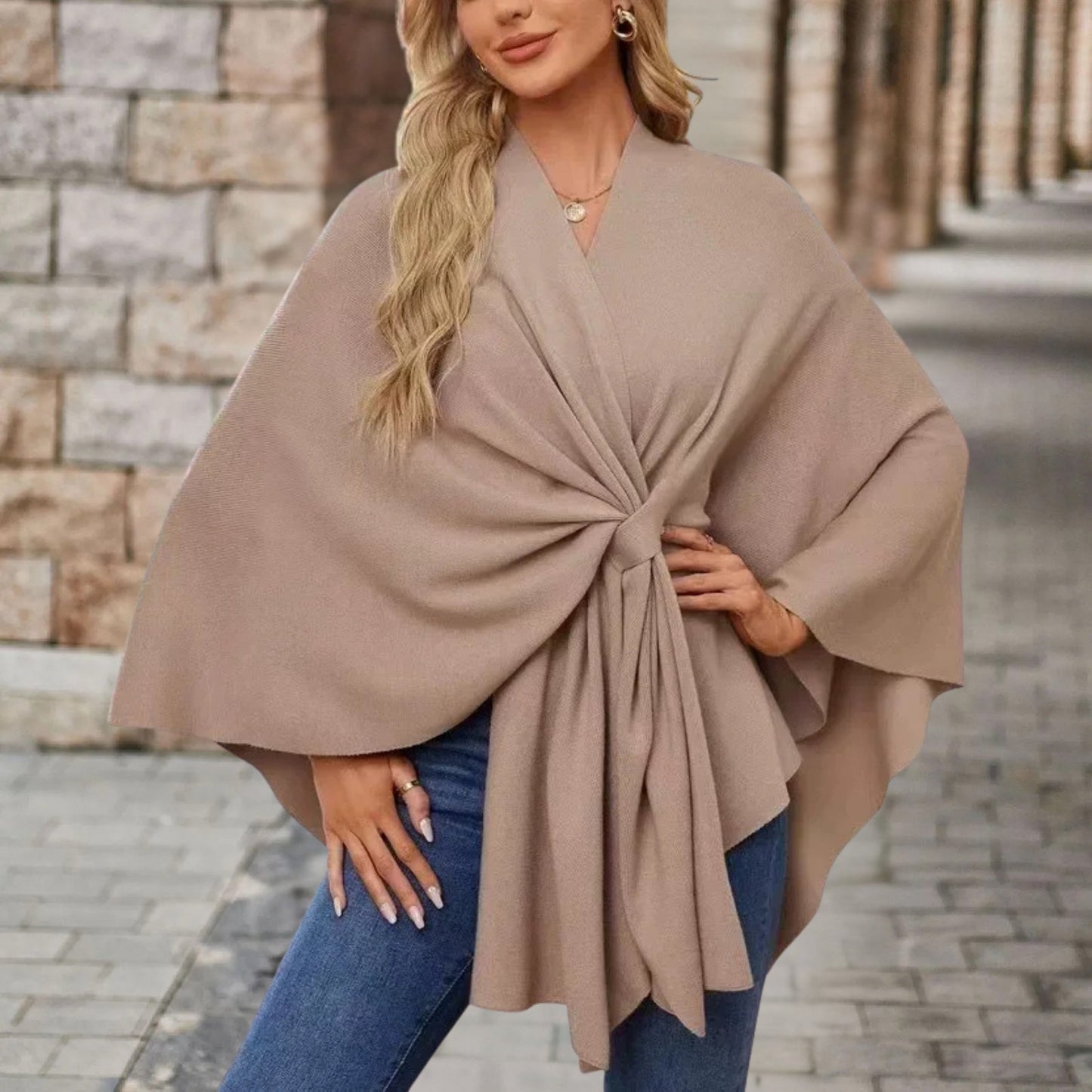 Elegant Knit Poncho for Women with V Neck Batwing Sleeve Tie Waist Wrap Style