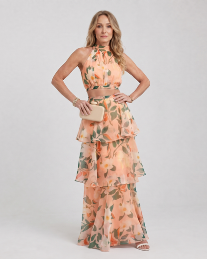 Elegant Blue Tie Dye Two Piece Set for Women with Halter Neck Tiered Ruffle Maxi Skirt Wedding Guest Style
