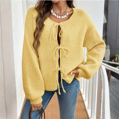 Cozy Knit Cardigan for Women with Round Neck Long Sleeve Tie Front Relaxed Style
