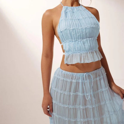 Effortless Textured Two Piece Set for Women with Halter Top Tiered Maxi Skirt Bohemian Style