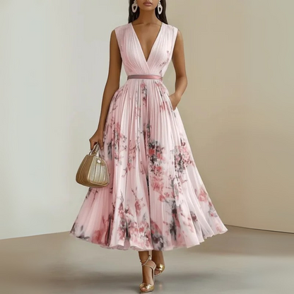 Elegant Floral Midi Dress for Women with V Neck Sleeveless Pleated Skirt Belted Waist Formal Style