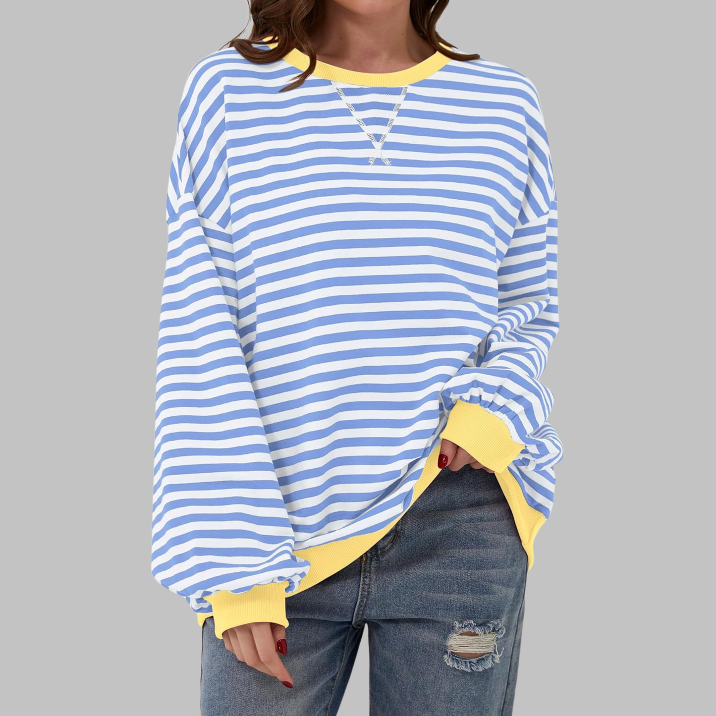 Comfortable Striped Sweatshirt for Women with Crew Neck Long Sleeve Contrast Trim Oversized Style