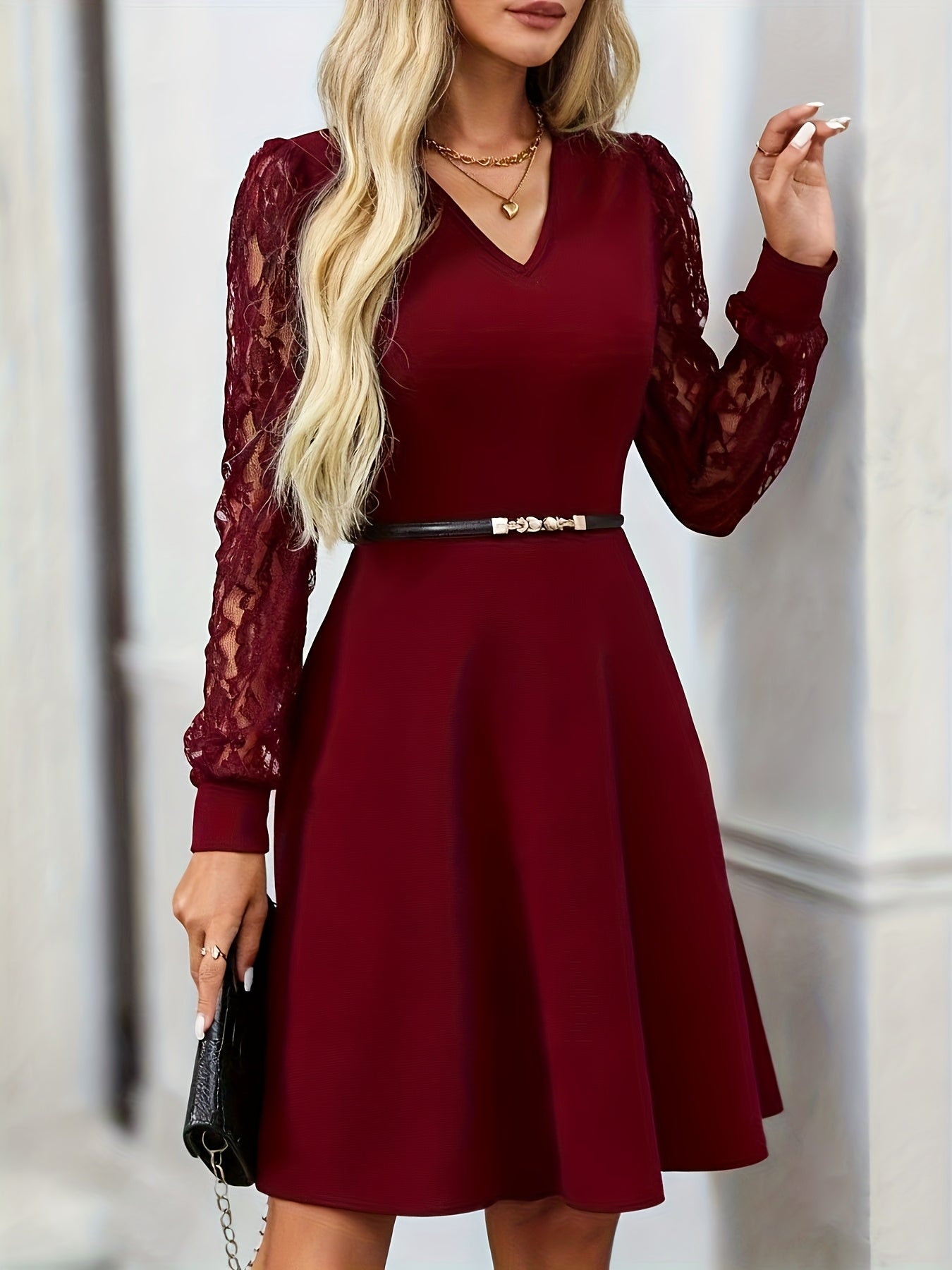 Elegant Lace Christmas Party Dress for Women with V Neck Lantern Sleeve A Line Belted Style